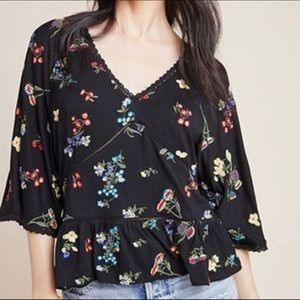 Anthropologie Embroidered Floral Black Top with Peplum Waist